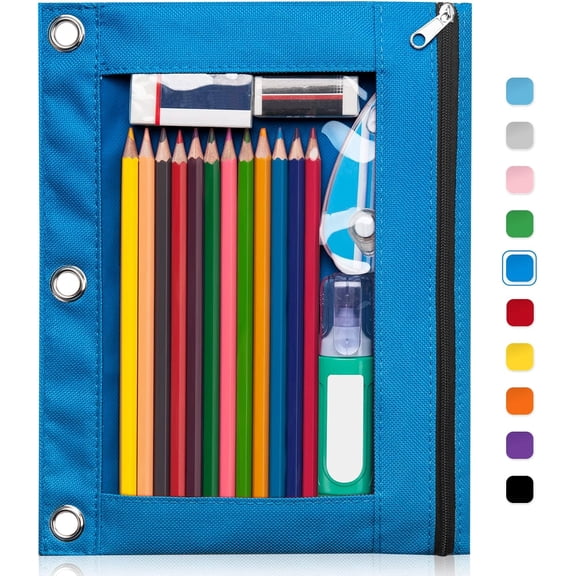 Pencil Pouch for 3 Ring Binder, Binder Pouches with Zipper Bulk, Pen Holder Case with Clear Window Home Office Organizers, 5 Pack, Blue