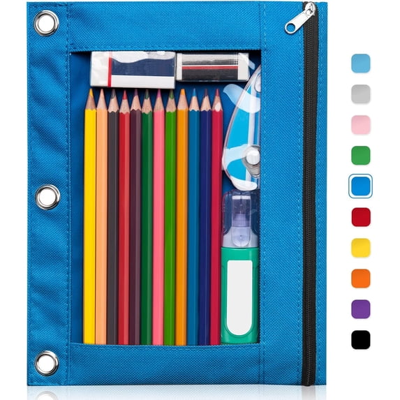 Pencil Pouch for 3 Ring Binder, Binder Pouches with Zipper Bulk, Pen Holder Case with Clear Window Home Office Organizers, 5 Pack, Blue