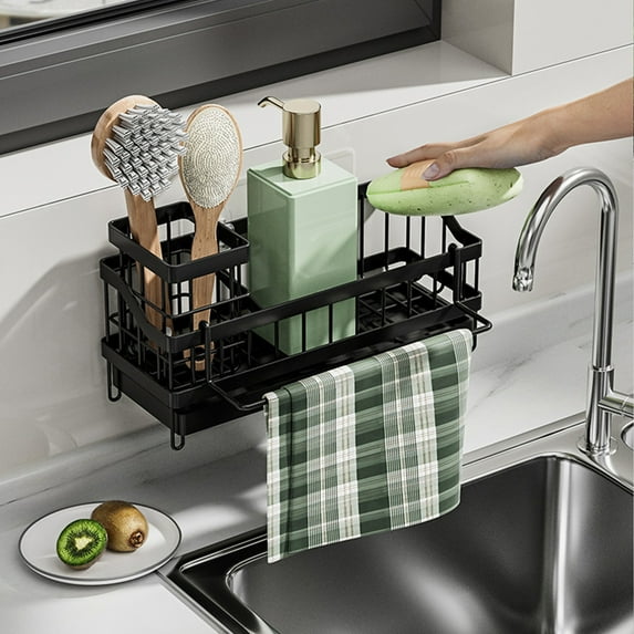 Kitchen Sink Organizer,Sink Caddy Organizer with Removable Brush Holder,Self-Draining Kitchen Countertop Organizers and Storage Essentials,Home Decor and Kitchen Gadgets-Black-B