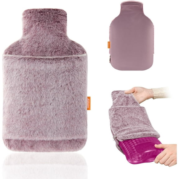 samply Hot Water Bottle with Soft Thick Faux Fur Cover and Hand Pocket2L Hot Water Bag for Hot Compress, Pain Relief, Body Warmer, Plum