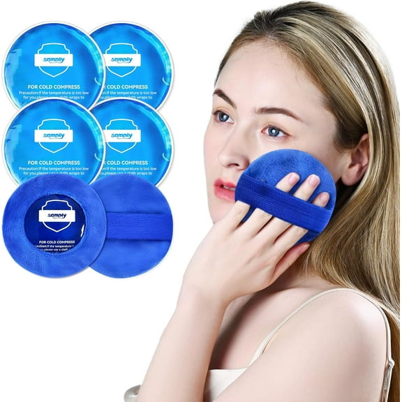 samply Small Gel Ice Packs for Boo Boos, Cold Packs for Injuries Reusable Pain Relief, Headaches and Toothaches,Eyes, Face, 4 Pack Mini Round Ice Packs with 2 Covers for Cold Compress