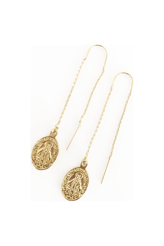 Dainty Oval Saint Medallion Coin Threader Drop Earrings Gold