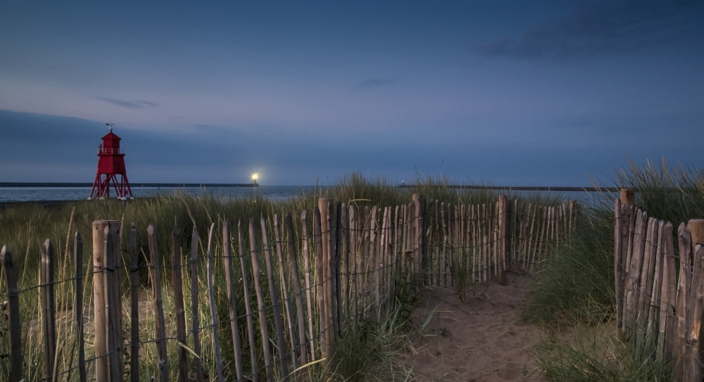 A sand pathway lined with a wooden fence leading to the beach with the Herd Groyne Lighthouse on the waters edge South Shields Tyne and Wear England Canvas Art - John Short Design Pics (21 x 11)