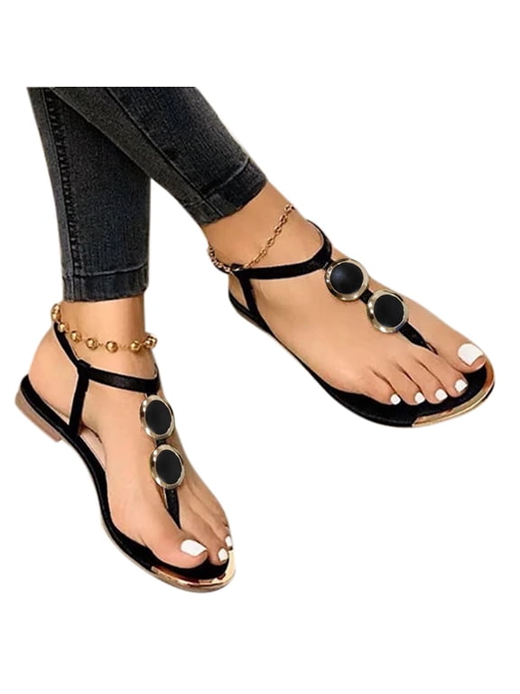 sandals for women Summer T-Strap Flat Sandals Slippers Buckle Open Toe Flat Heel Flip Flops Beach Shoes