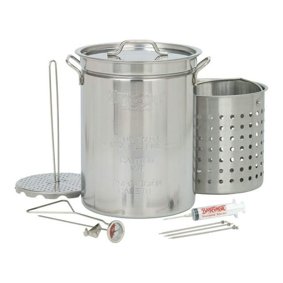 saney 1118 32-qt Stainless Turkey Fryer Features Vented Lid Perforated Poultry Rack 12-in Stainless Fry Thermometer 2-oz Seasoning Injector