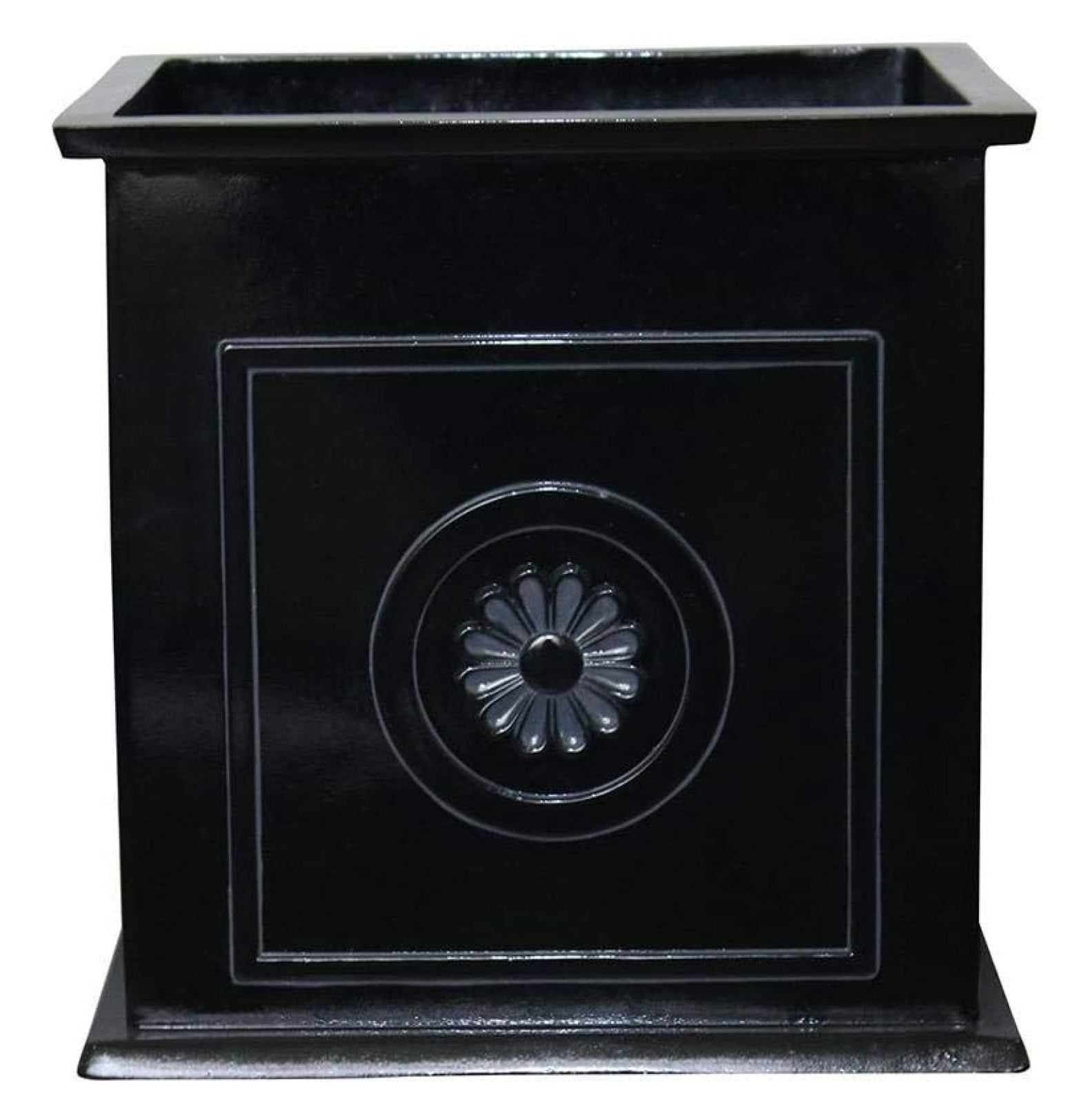 Glossy Black Square Resin Planter with Floral Medallions, 16"