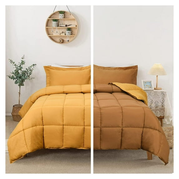 saney 3-Piece All Season Reversible Mustard Yellow Down Alternative Comforter Set - Baffle Channel Construction - 4 Corner Tab - 100% Bonded Filling - Breathable & Wrinkle Resistant Bedding Set