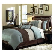 saney 8-Piece Blue Brown Beige Pleated Stripe Comforter Set Full Size Bedding Set