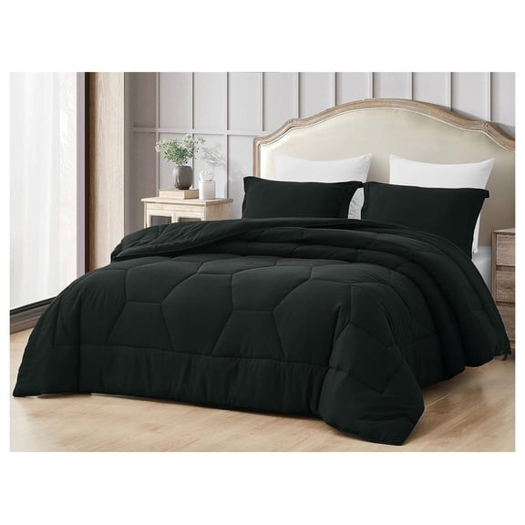 saney Black Comforter Set Queen Size 3-Piece Fluffy Soft Lightweight Bedding Honeycomb Geometric Stone-Washed Microfiber Comforter Set for All Season