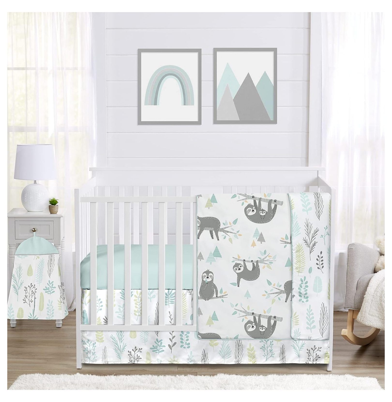 saney Blue and Grey Leaf Baby Unisex Boy or Girl Nursery Crib Bedding Set 4 pieces Turquoise Gray and Green Tropical Botanical Rainforest