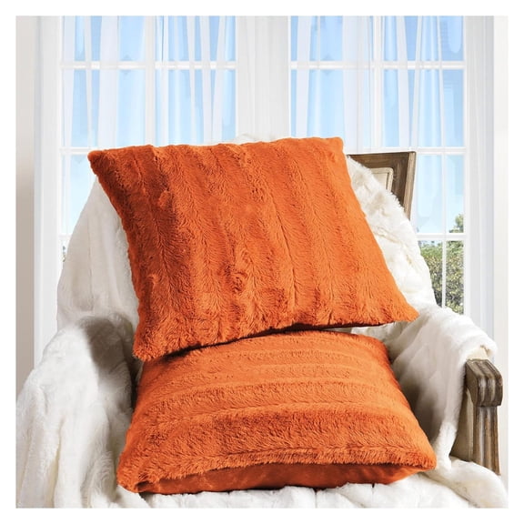 saney Faux Fur Throw Pillows for Couch with Inserts Included - Decorative Furry Sofa Pillows - 18" x 18" - Rust (Set of 2)