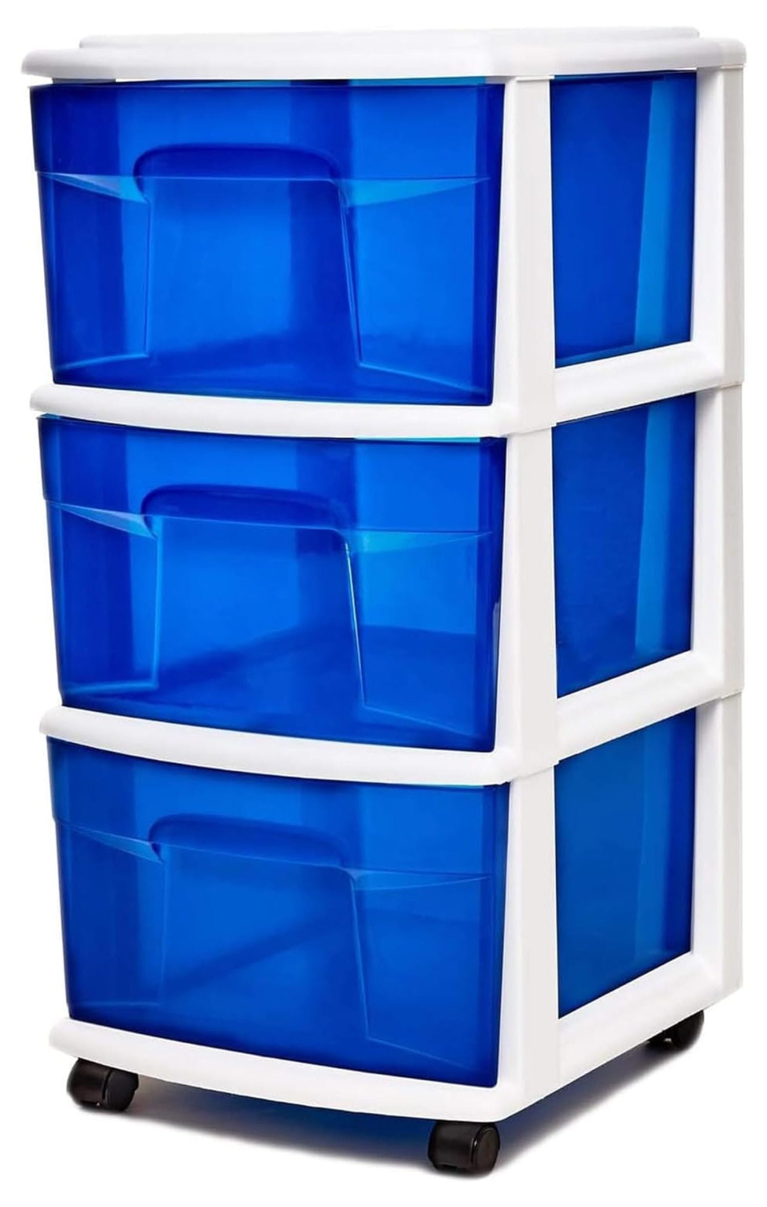 Blue and White Plastic 3-Drawer Storage Tower with Casters