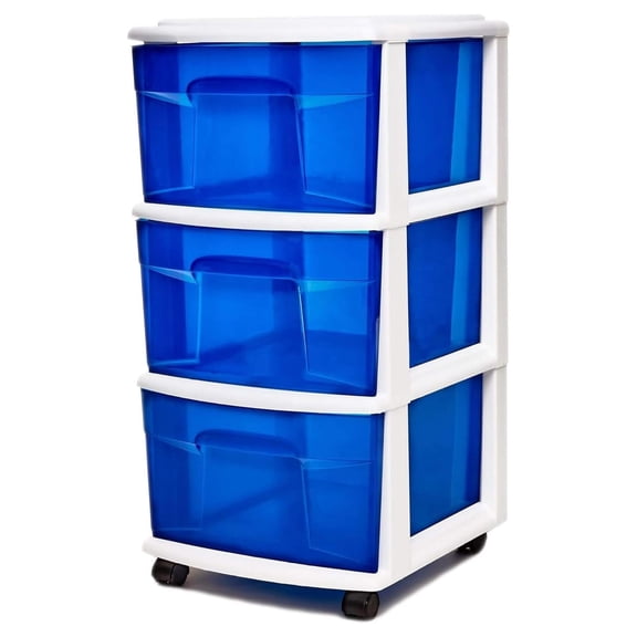 saney Plastic 3 Drawer Medium Home Organization Storage Container Tower with 3 Large Blue Drawers and Removeable Caster Wheels, White Frame