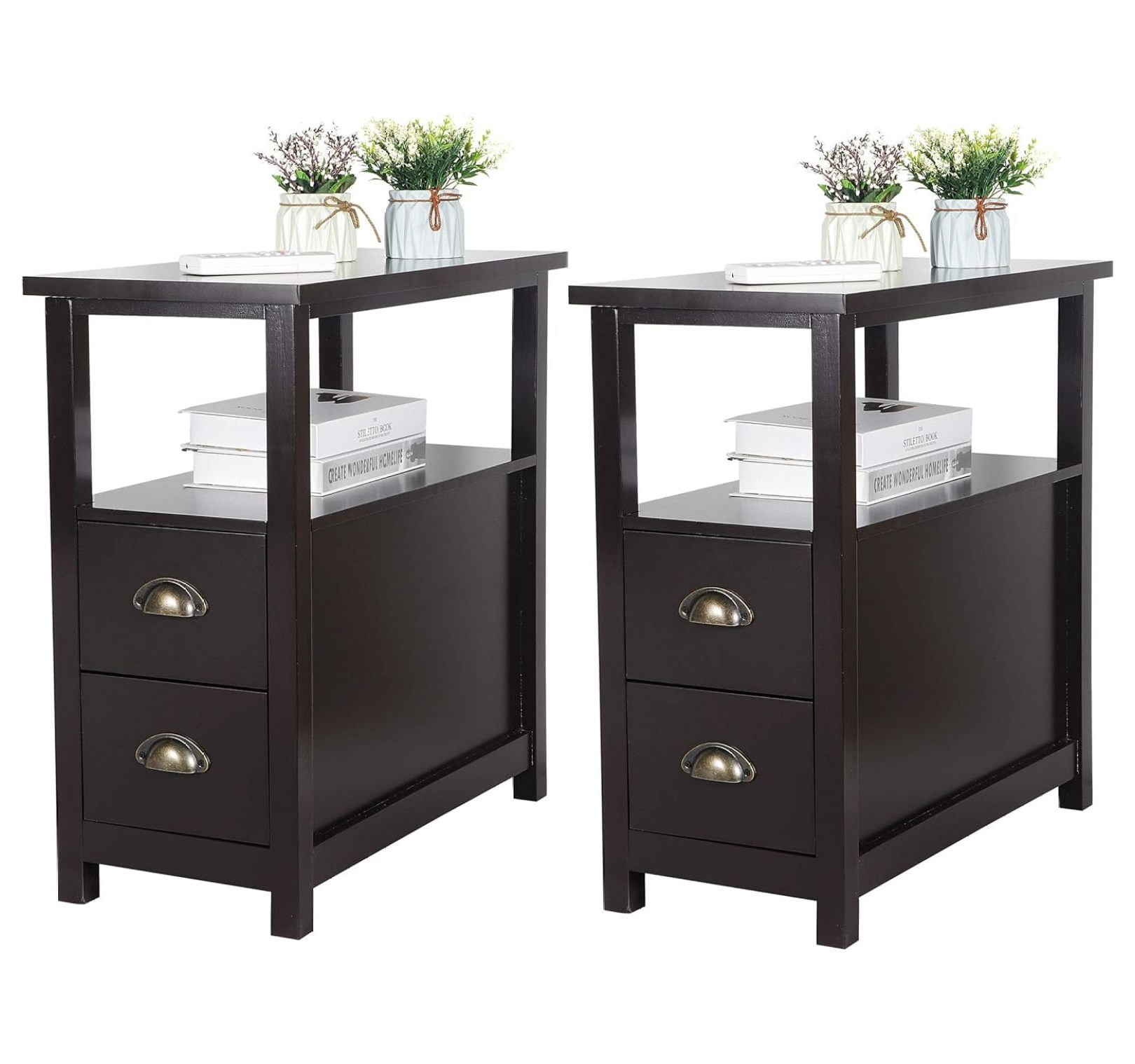 saney Side End Table with 2 Drawer and Shelf, Multifunctional Narrow ...