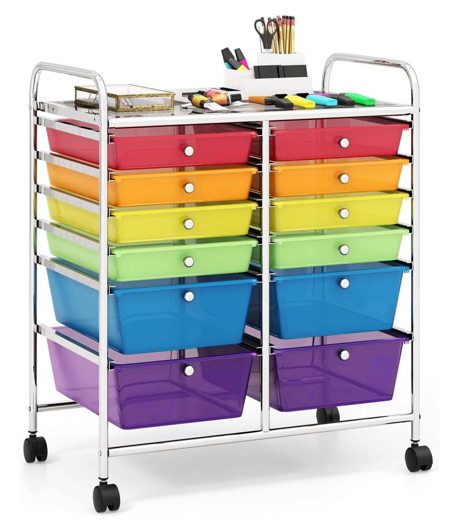 Multicolor 12-Drawer Rolling Storage Cart with Chrome Frame