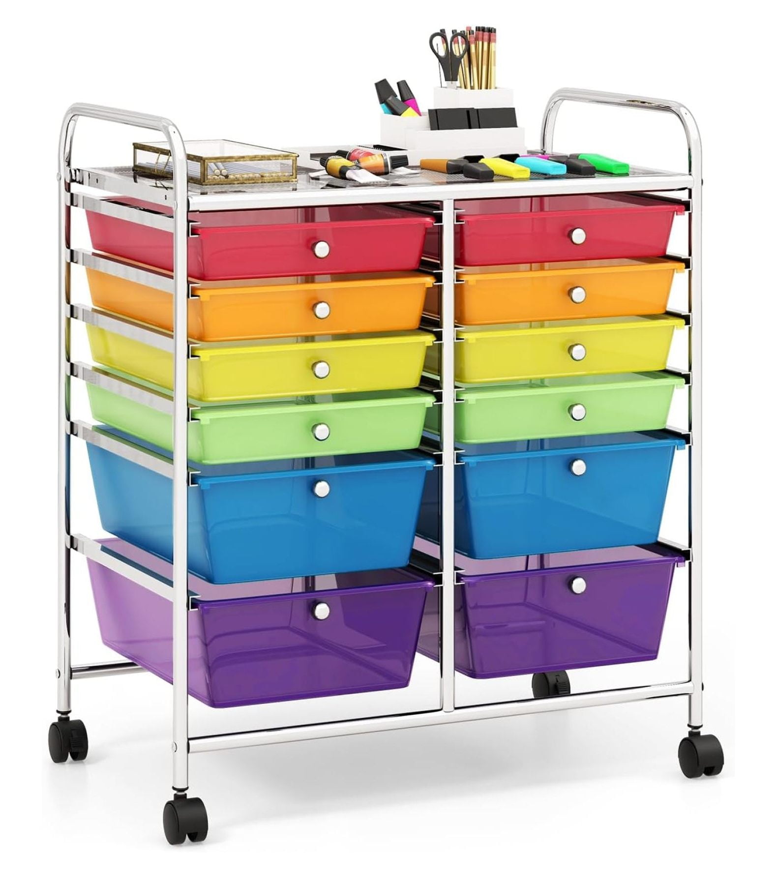 Multicolor 12-Drawer Rolling Storage Cart with Chrome Frame