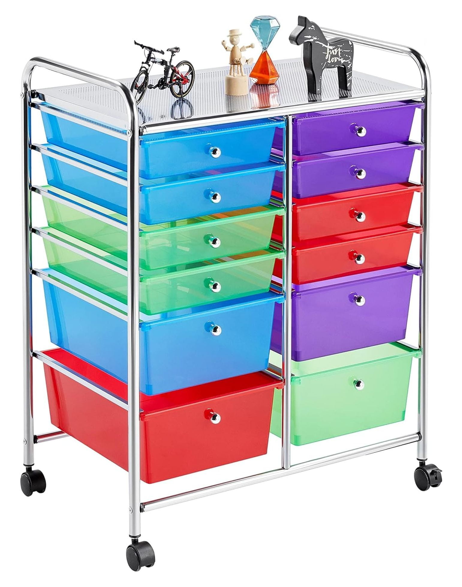 Multicolor 12-Drawer Rolling Storage Cart with Chrome Frame