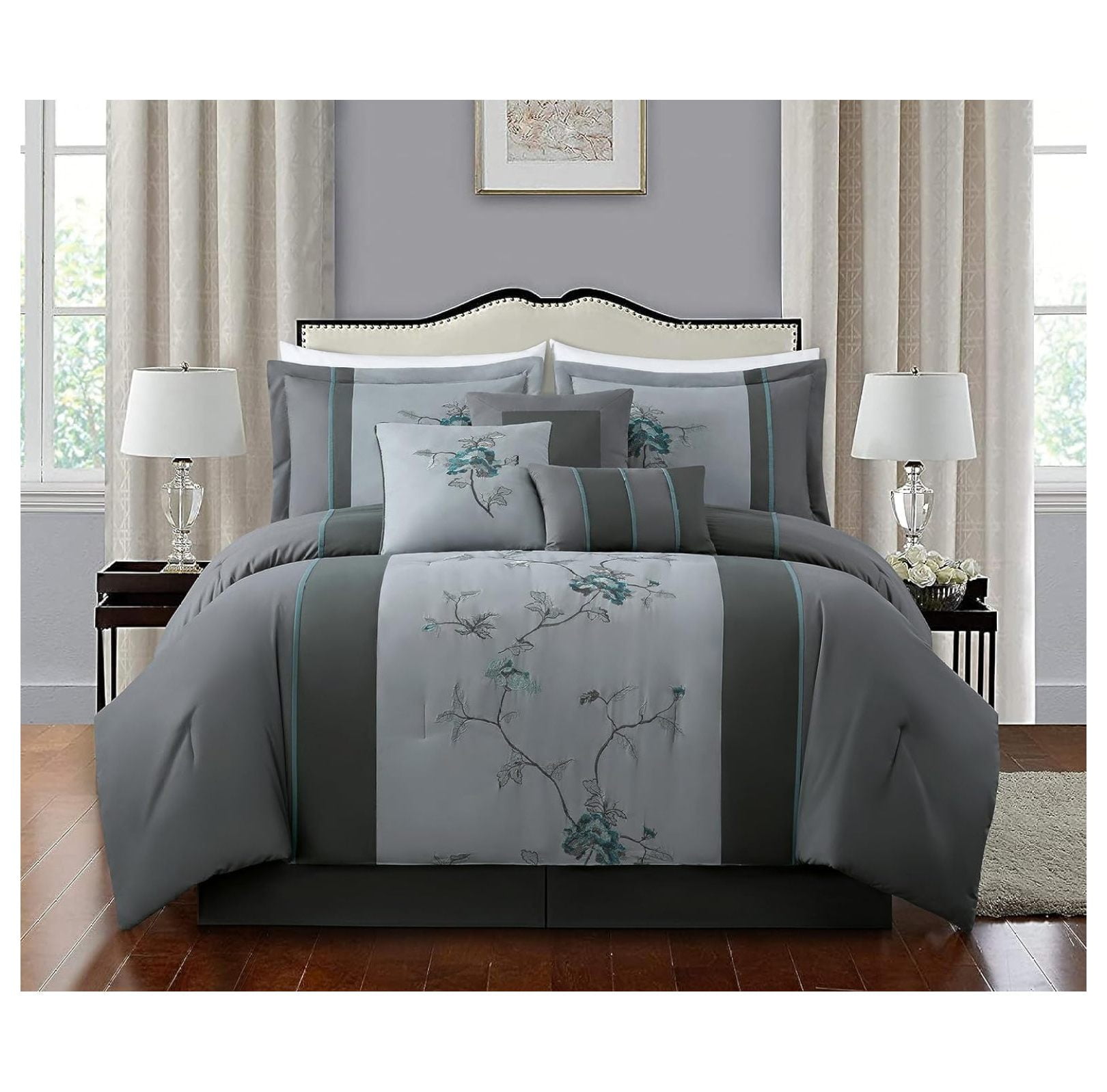 Queen Blue and Gray Microfiber Floral Bed in a Bag Set