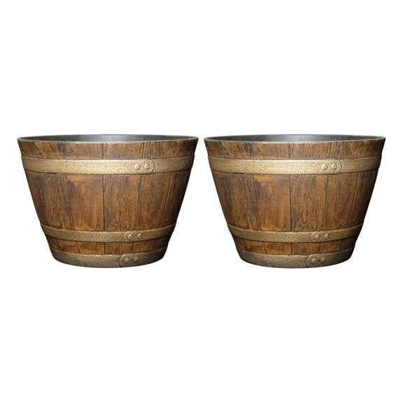 saney Whiskey Plastic Resin Flower Pot Barrel Planter, 15", Oak Brown (2 Pack)