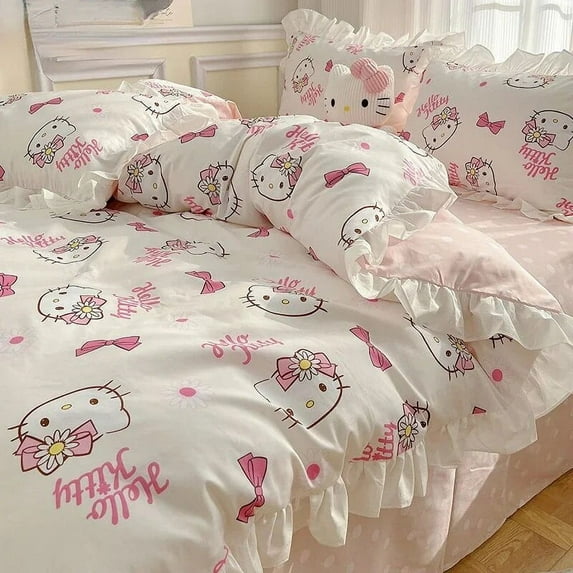 sanrio Hello Kitty Cartoon Pure Cotton Bed Set Four Piece Kawaii Princess Style Female Dormitory Sheet Quilt Set Three Piece