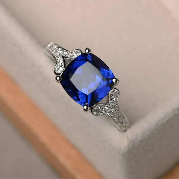 sapphire ring, cushion cut engagement promise ring, sterling silver ring,blue gemstone ring,September birthstone ring