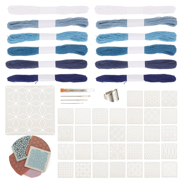64 Pcs Sashiko Thread Kit, Denim Fabric Embroidery Patterns with Sashiko Stencils Needles Cotton Thimble, Embroidery Kit for Sewing Hand Quilting Mending Supplies