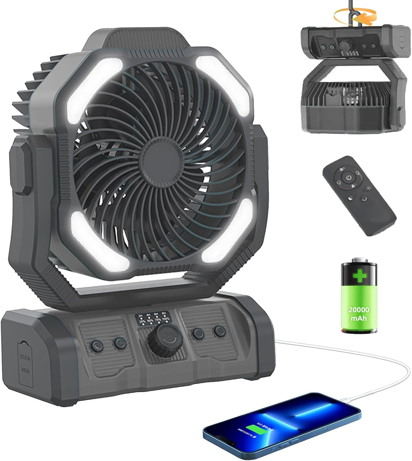 sasyxdc 20000mAh Camping Fan with 4 LED Lights Battery Operated Fan ...