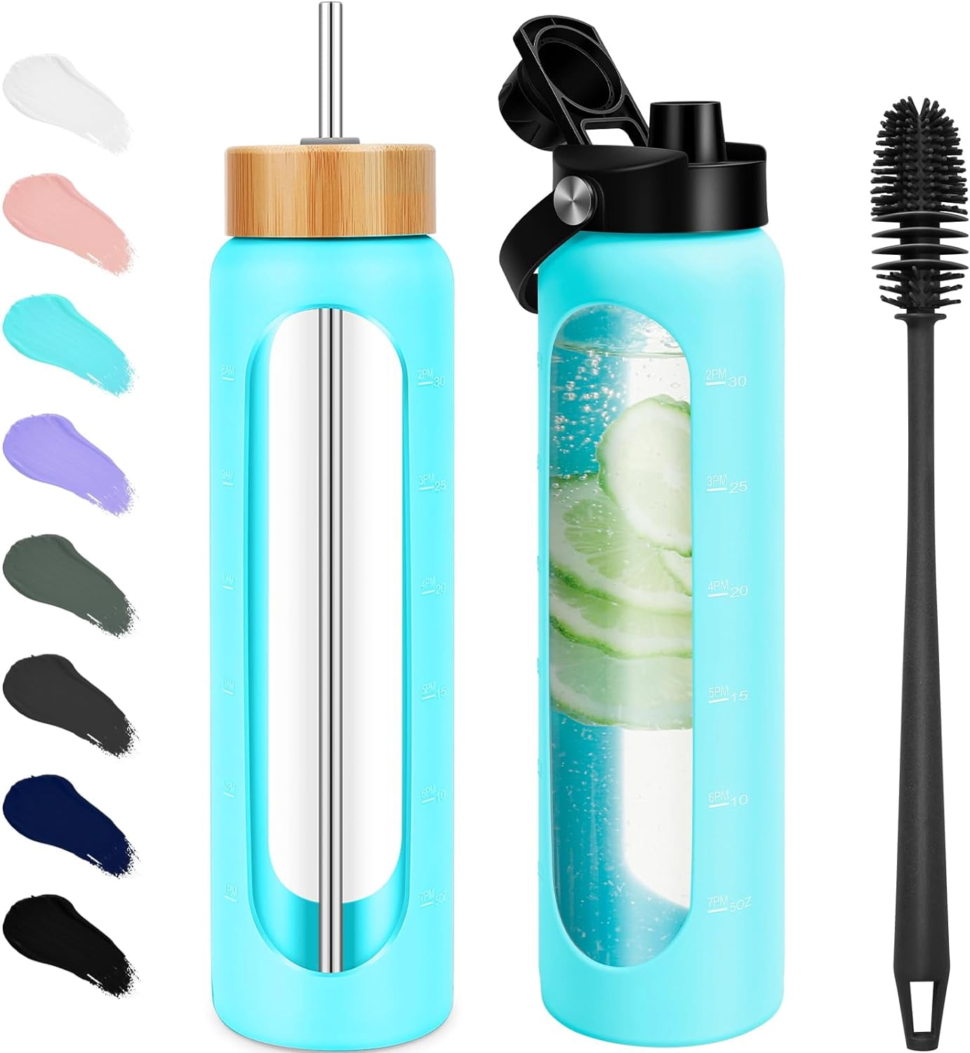 Glass Water Bottle With Straw PROBTTL 32 Oz & Spout Lid, Borosilicate Glass  With Silicone Sleeve - Fits Car Cup Holders Tumbler With Silicone Sleeve