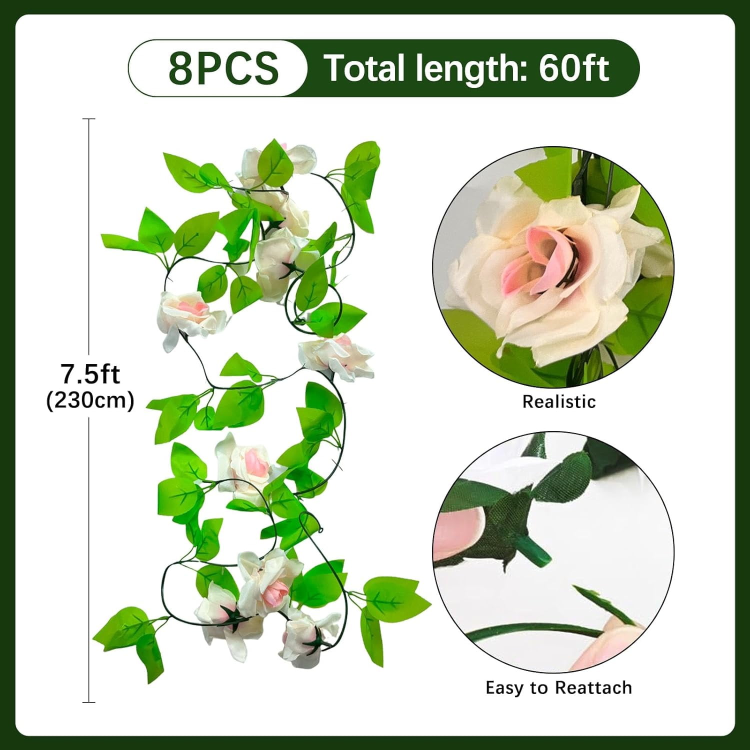 sasyxdc 4Pcs 28Ft White Rose Garland Fake Flower Vines Artificial Vine ...