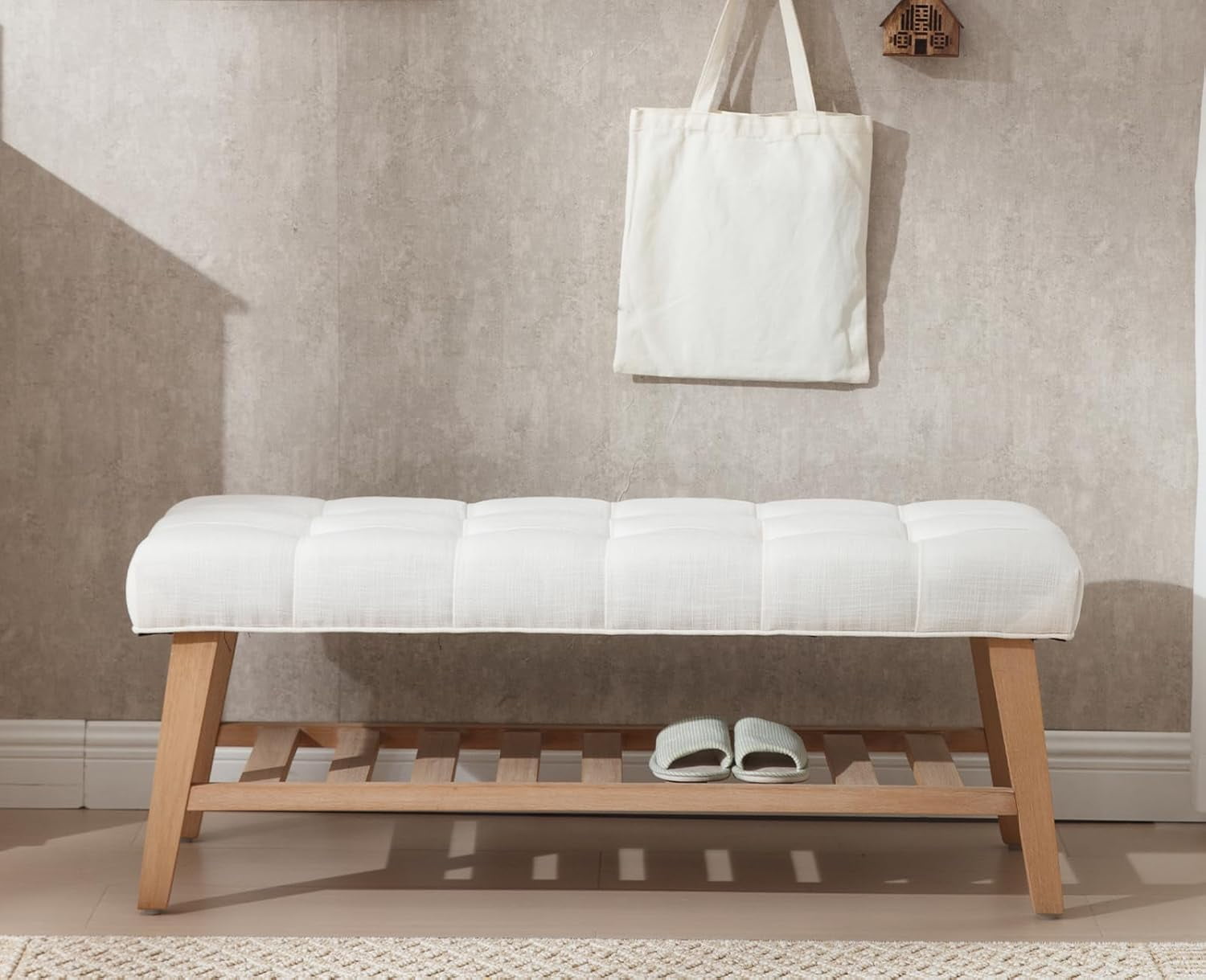 Bench Button sasyxdc Entryway Bench 2-Tier Shoe Bench Linen Fabric Storage Ottoman ...