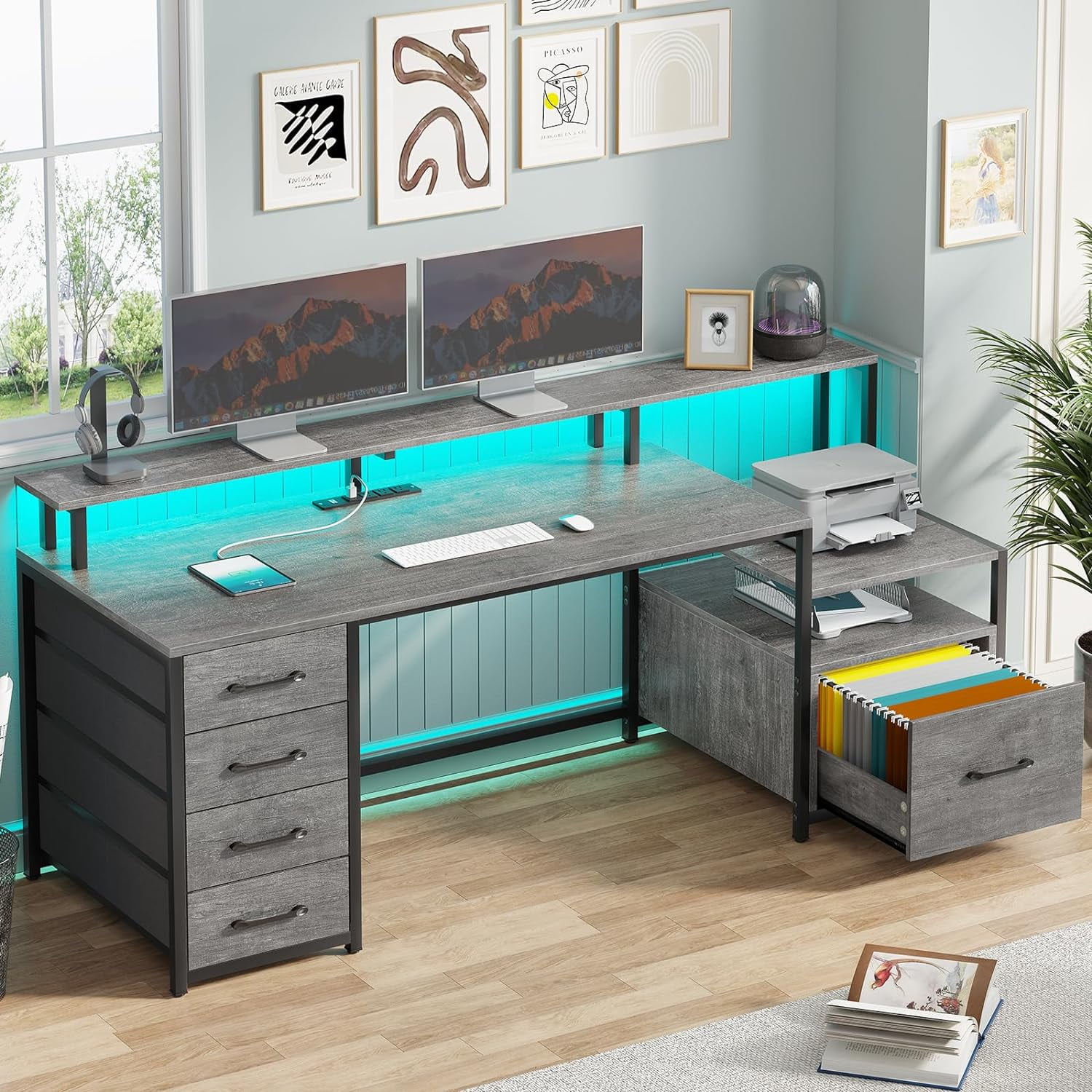 Larg Computer sasyxdc with File Drawer & Power Outlet 75'' Large Computer with 5 ...