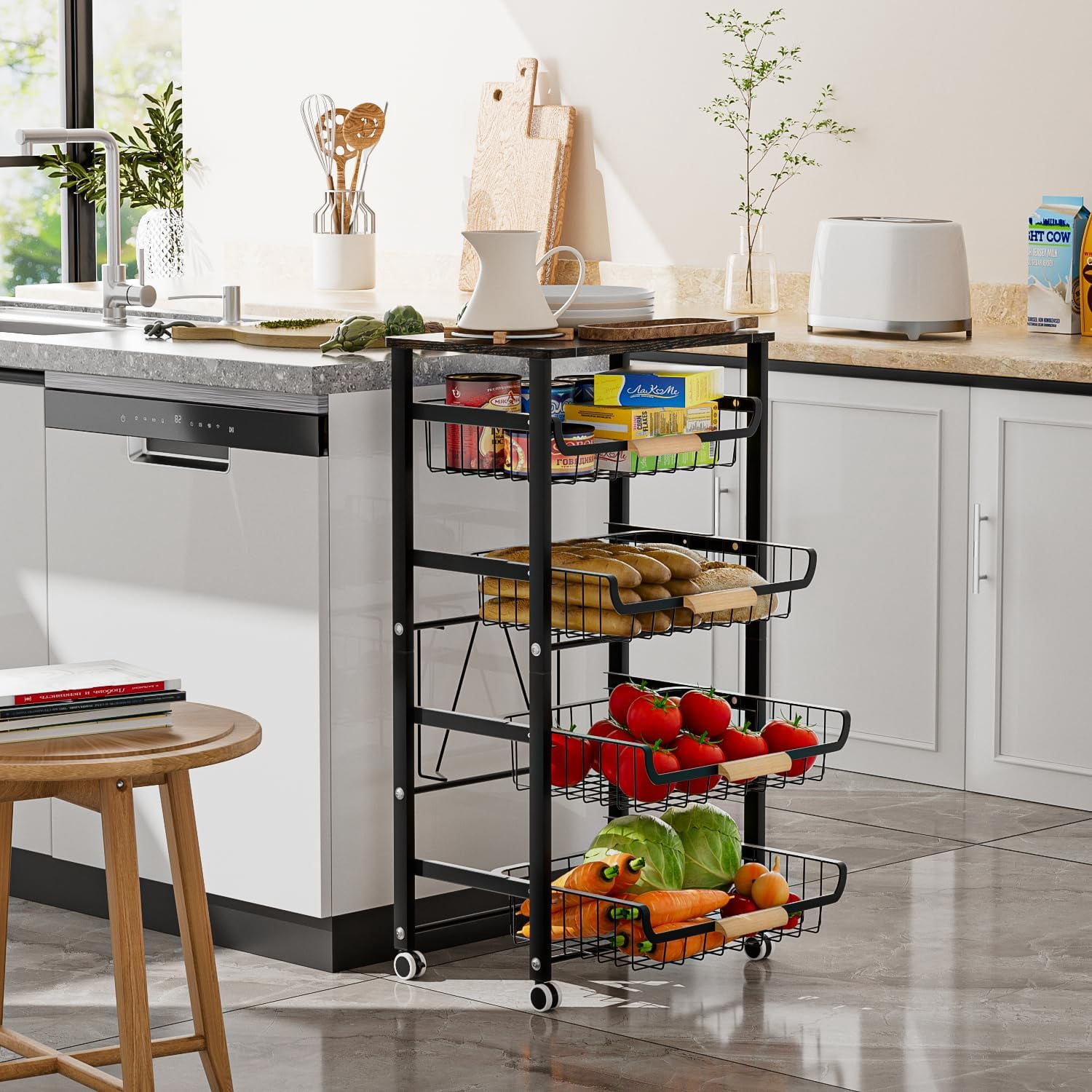 Fruit Basket for Kitchen, 5-Tier Slide Out Storage Baskets Carts Organizers Drawers with Wood Top Table with Rolling Wheels for Snacks Vegetables Vianderos para Cocina Modernos (Black, 5 Layer)