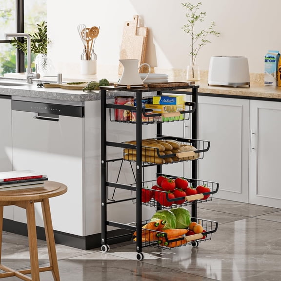 Fruit Basket for Kitchen, 5-Tier Slide Out Storage Baskets Carts Organizers Drawers with Wood Top Table with Rolling Wheels for Snacks Vegetables Vianderos para Cocina Modernos (Black, 5 Layer)