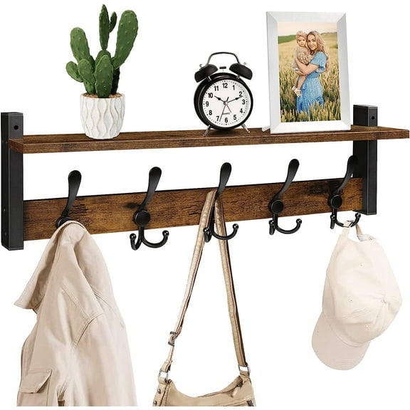 Rustic Brown Wall Mount Coat Rack with Shelf and 5 Tri Hooks, Wood Coat Hangers for Hanging Hat, Towel, Purse, Jacket