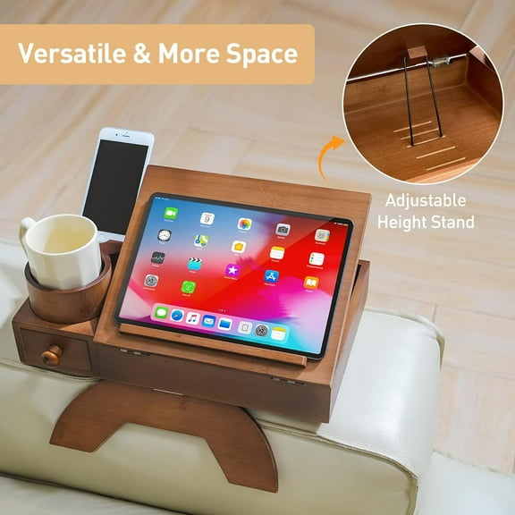sasyxdc Sofa Armrest Tray Bamboo Couch Arm Tray Adjustable Side Table for Wide Chair Arm-Rest Multifunctional Armrest Table with 360 Rotating Phone & Cup Holder Couch Brown huy