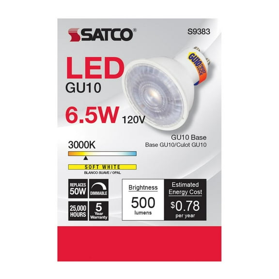 satco s9383 6.5mr16/led/40'/30k/120v/gu10 3000k mr16 120v gu10 dimmable led lamp (6-pack)