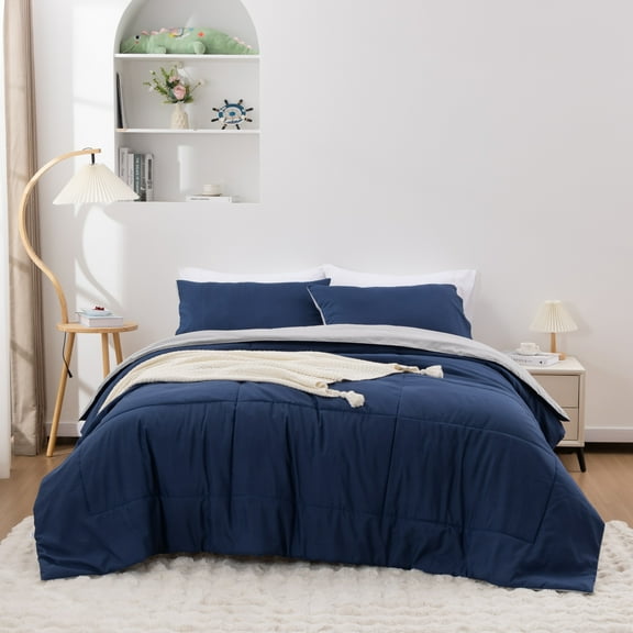 Queen Comforter Set All Season Reversible Bed Set with 2 Pillow Cases 3 Pieces Bedding Sets Down Alternative Blue/Gray Comforters