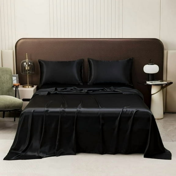 Black Satin Sheets Twin Size 4 Piece Luxury Silky Bed Set Soft Silk 12" Deep Pocket Cooling Breathable for Hair & Skin