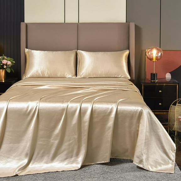 NTBED Satin Sheets King Champagne Luxury Silky Bed Sheets 1800 Microfiber Sheet Set 4 Pcs
