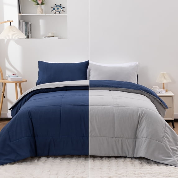 Queen Comforter Set All Season Reversible Bed Set with 2 Pillow Cases 3 Pieces Bedding Sets Down Alternative Blue/Gray Comforters