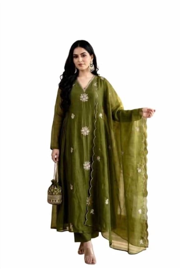 Women's Mehendi Green Rayon Embroidered A-Line Kurti Pant & Scalloped Dupatta, XXL(44)