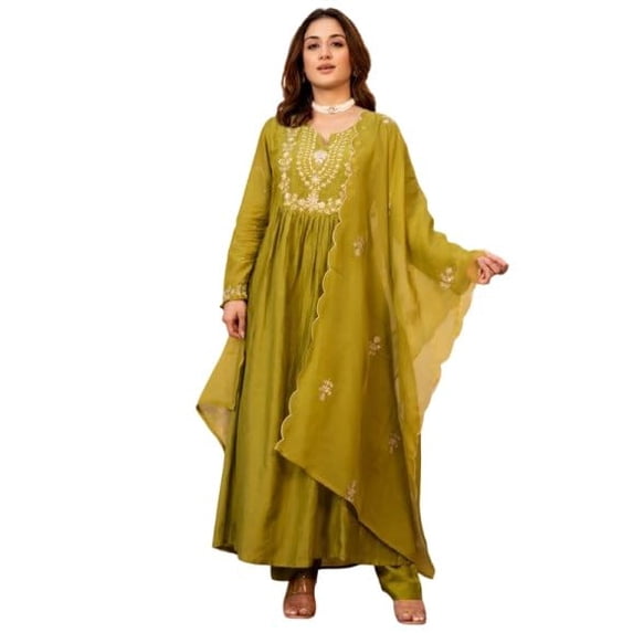satyamcreation Women’s Olive Green Embroidered Chanderi Silk Anarkali Frock Suit | Elegant Flared Kurta & Pant