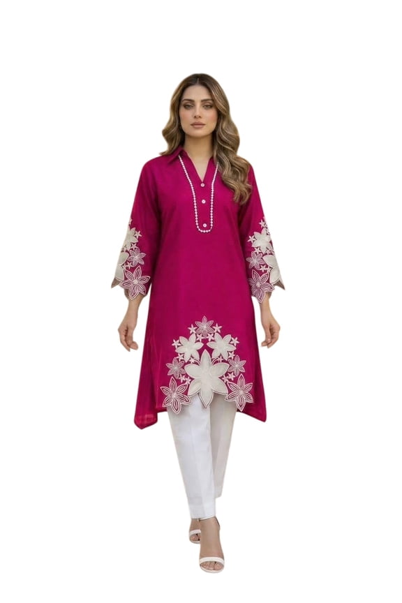 Women’s Rani Pink Rayon A-Line Kurti and Pant Set with Floral Cutwork Embroidery, XL(42)
