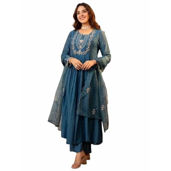 Satyam Creation Women’s Embroidered Chanderi Silk Anarkali Frock Suit | Elegant Flared Kurta & Pant