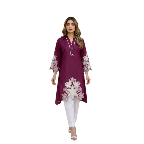 satyamcreation Women’s Wine Rayon A-Line Kurti and Pant Set with Floral Cutwork Embroidery, XL(42)