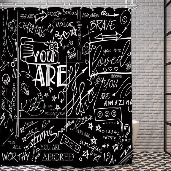 saxeuu Black Funny Quotes Shower Curtain 72Wx72L Inch for Kids Teens White Inspirational You are Graffiti Abstract Aesthetic Motivational Artwork Cloth Fabric Bathroom Decor Set 12 Pack Hooks