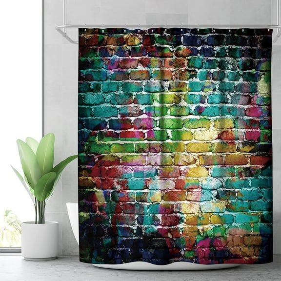 saxeuu Colorful Graffiti Brick Wall Shower Curtain Hip Hop Multicolor Rainbow Painting Cool Street Fun Aesthetic Decor Fabric Bathroom Polyester Waterproof 72x72 Inch 12-Pack Plastic Hooks WW-VKSU