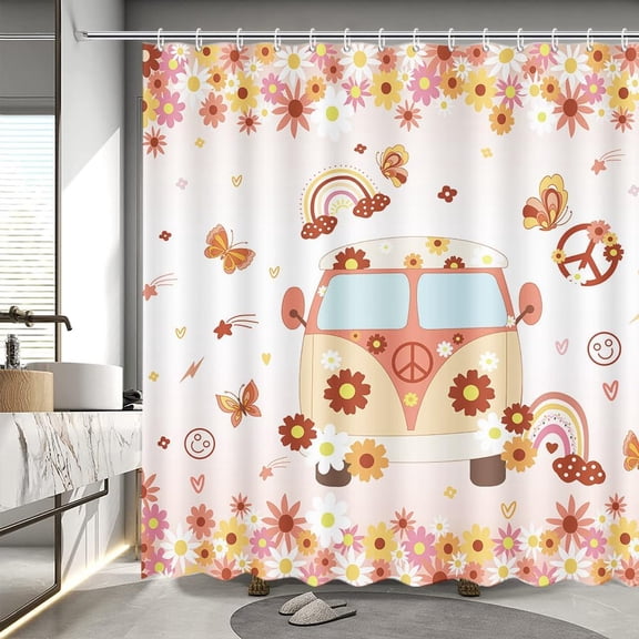 saxeuu Groovy Boho Rainbow Shower Curtain, 72x72 Inch, 70s Floral Peace and Love Pattern, Waterproof with 12 Hooks