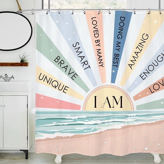 saxeuu Kids Rainbow Sun Shower Curtain 60Wx72H Inches Pastel Inspirational Quotes Abstract Motivational Lines Sunrise Sunset Beach Fabric Waterproof Polyester Bathroom Home Decor Set with Hooks