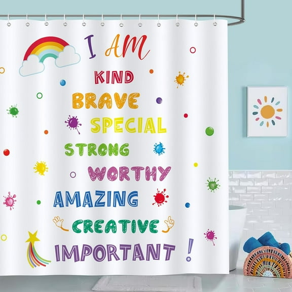 saxeuu Kids Shower Curtain, Cute Rainbow Polka Dot Quotes Bathroom Curtain 72x72 Inch Polyester Fabric Waterproof Bath Curtain with 12 Hooks